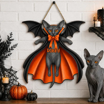 Halloween Cat Vampire - Personalized Wooden Door Sign - Gothic Decor for Cat Lovers