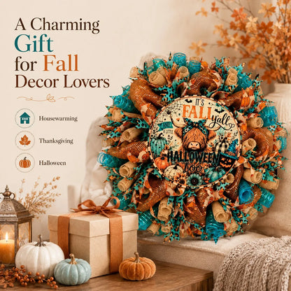 🐮🍂 Highland Cow Fall Halloween Wreath – Cozy Autumn Front Door Decor with Teal & Orange Buffalo Plaid Design for Thanksgiving, Harvest & Spooky Season 🚪🎁