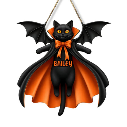 Halloween Cat Vampire - Personalized Wooden Door Sign - Gothic Decor for Cat Lovers