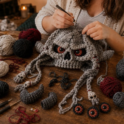 🔥LAST DAY 50% OFF - 🎃 Halloween Monster Hood DIY Crochet Kit | Premium Soft Yarn Materials with Step-by-Step Guide DIY Handmade Wearable Character Hood 🧶🎭✨