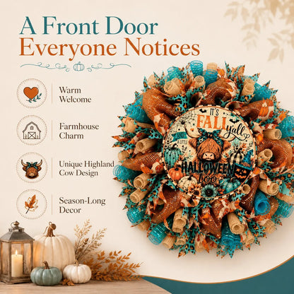 🐮🍂 Highland Cow Fall Halloween Wreath – Cozy Autumn Front Door Decor with Teal & Orange Buffalo Plaid Design for Thanksgiving, Harvest & Spooky Season 🚪🎁