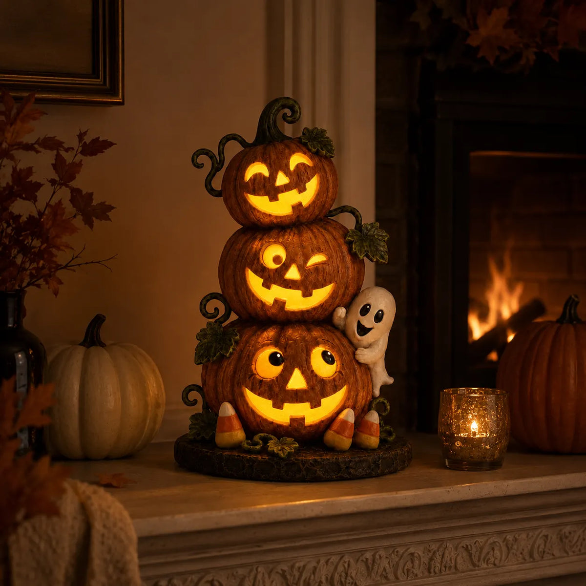 Lighted Peek-a-Boo Pumpkin Stack Resin Decor