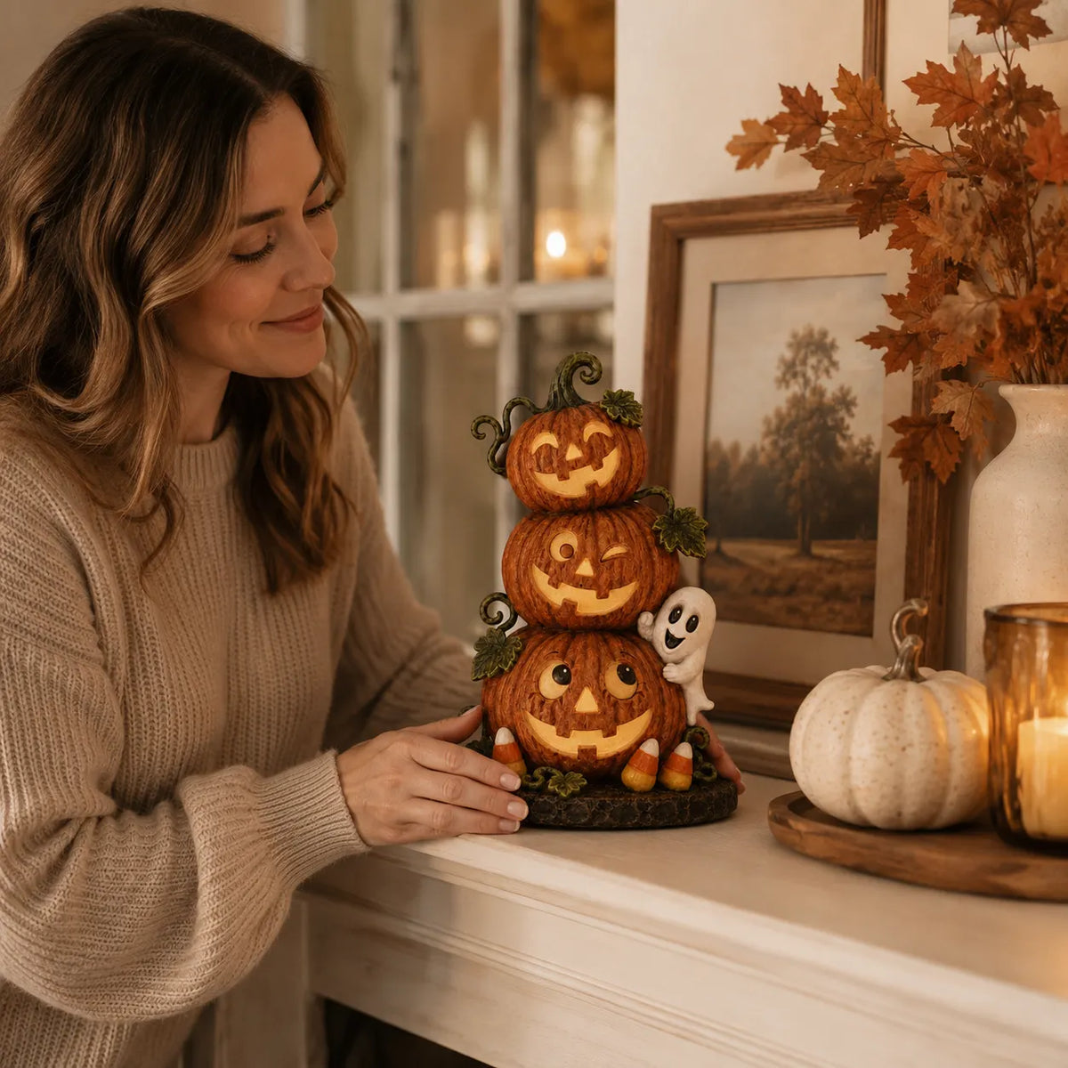 Lighted Peek-a-Boo Pumpkin Stack Resin Decor