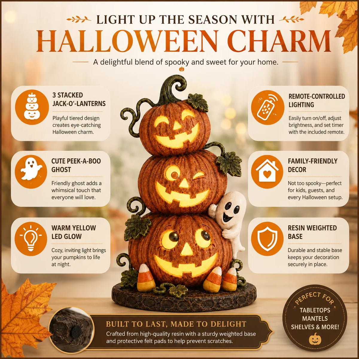 Lighted Peek-a-Boo Pumpkin Stack Resin Decor
