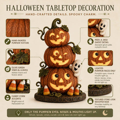 Lighted Peek-a-Boo Pumpkin Stack Resin Decor