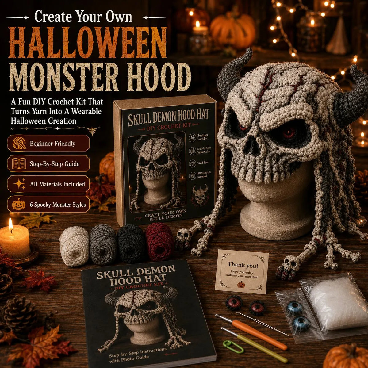 🔥LAST DAY 50% OFF - 🎃 Halloween Monster Hood DIY Crochet Kit | Premium Soft Yarn Materials with Step-by-Step Guide DIY Handmade Wearable Character Hood 🧶🎭✨