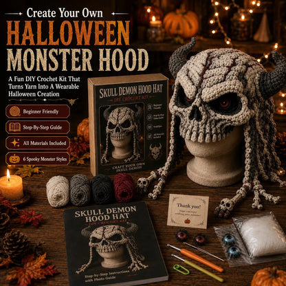 🔥LAST DAY 50% OFF - 🎃 Halloween Monster Hood DIY Crochet Kit | Premium Soft Yarn Materials with Step-by-Step Guide DIY Handmade Wearable Character Hood 🧶🎭✨