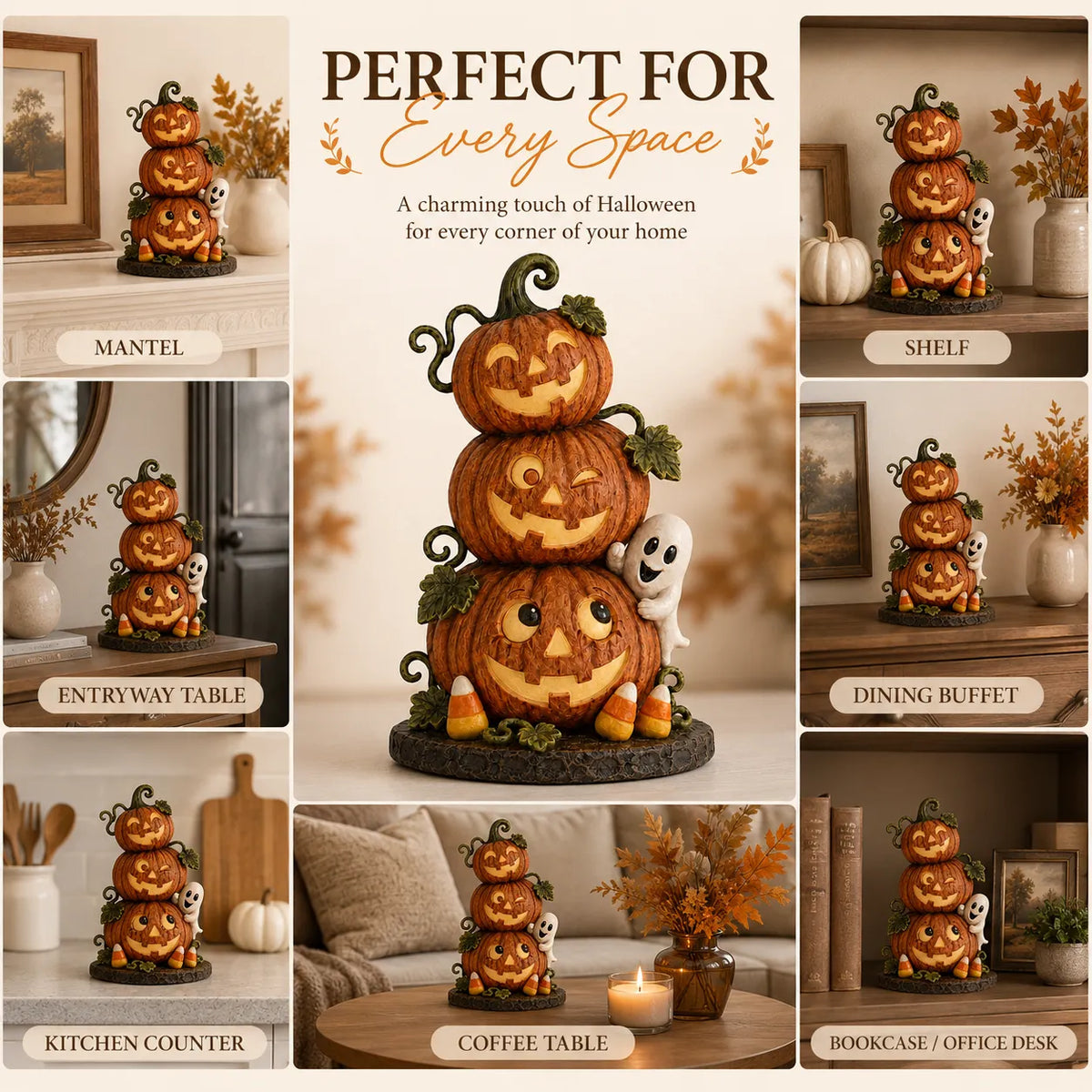 Lighted Peek-a-Boo Pumpkin Stack Resin Decor