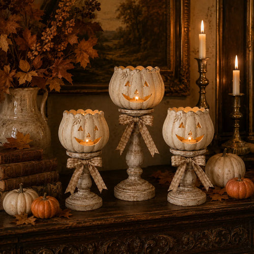 Harvest Glow White Pumpkin Pedestal Tealight Holders – Set of 3