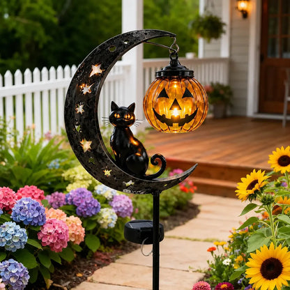 Solar Halloween Black Cat & Pumpkin Moon Garden Stake Light