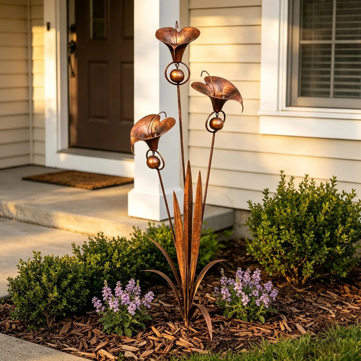 🏡Flamed Copper Three Calla Lilies Garden Stake with Bells