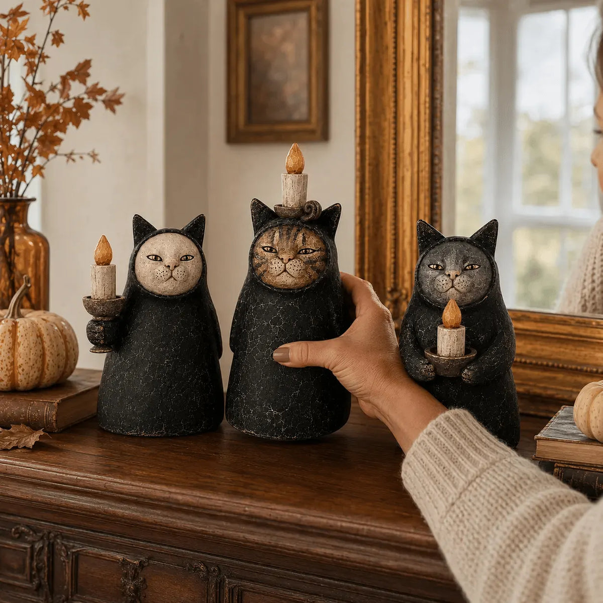 Set of 3  Mysterious Hooded Cat Candlelight Figurine