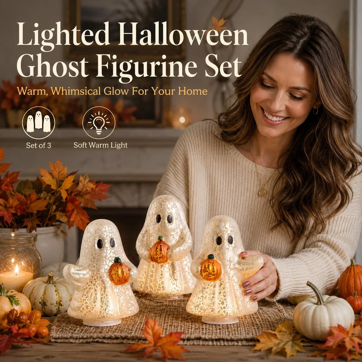 Lighted Halloween Ghost Figurine Set - Buy 1 Set (3 Pack)